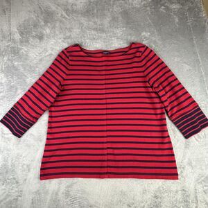 Lands End Sweater Womens XL 18 Red Navy Blue Striped Boat Neck 3/4 Sleeve Cotton